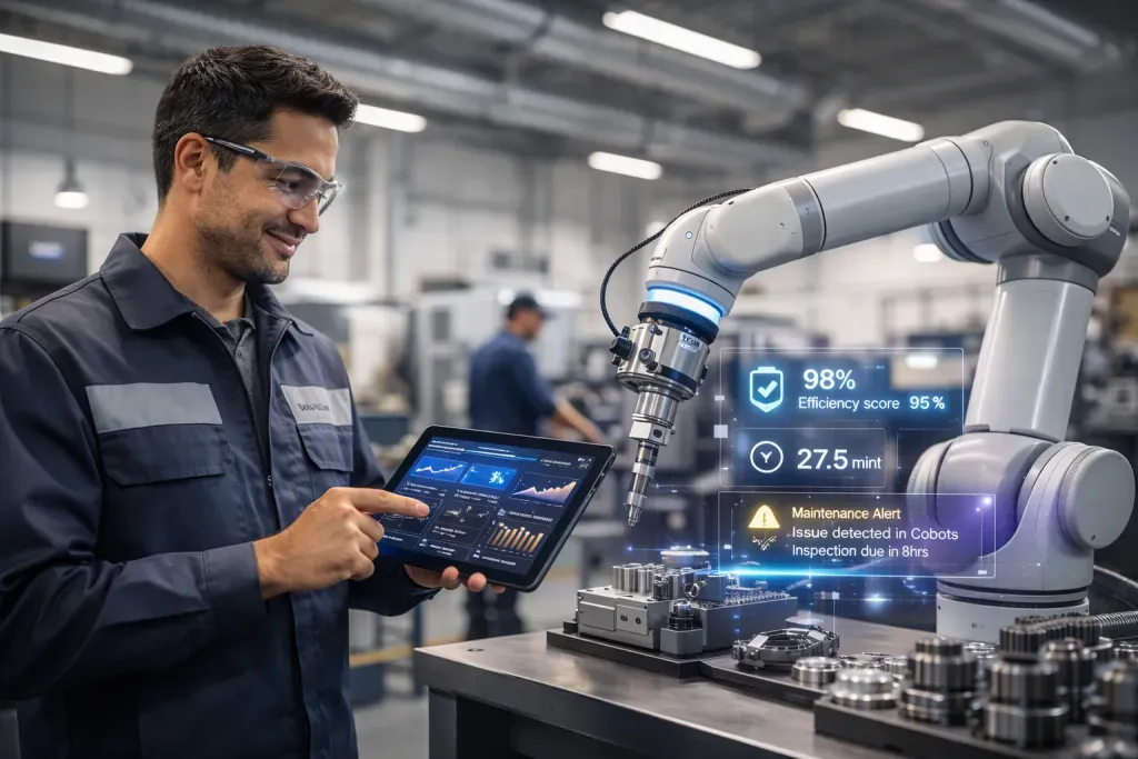 Manufacturing worker collaborating with AI-powered robotic system in modern discrete manufacturing facility